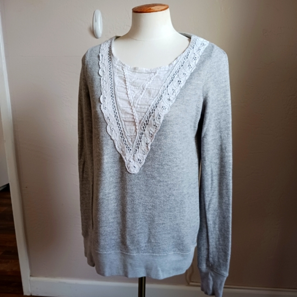 KIMCHI BLUE Anthropologie - Gray Long Sleeve Sweatshirt with Lace Bib Detail